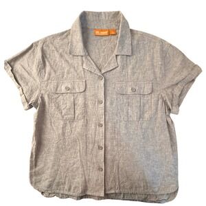 REEL‎ LEGENDS Women L Brown Linen Blend S/S Button Up Shirt Outdoor Hike Fishing